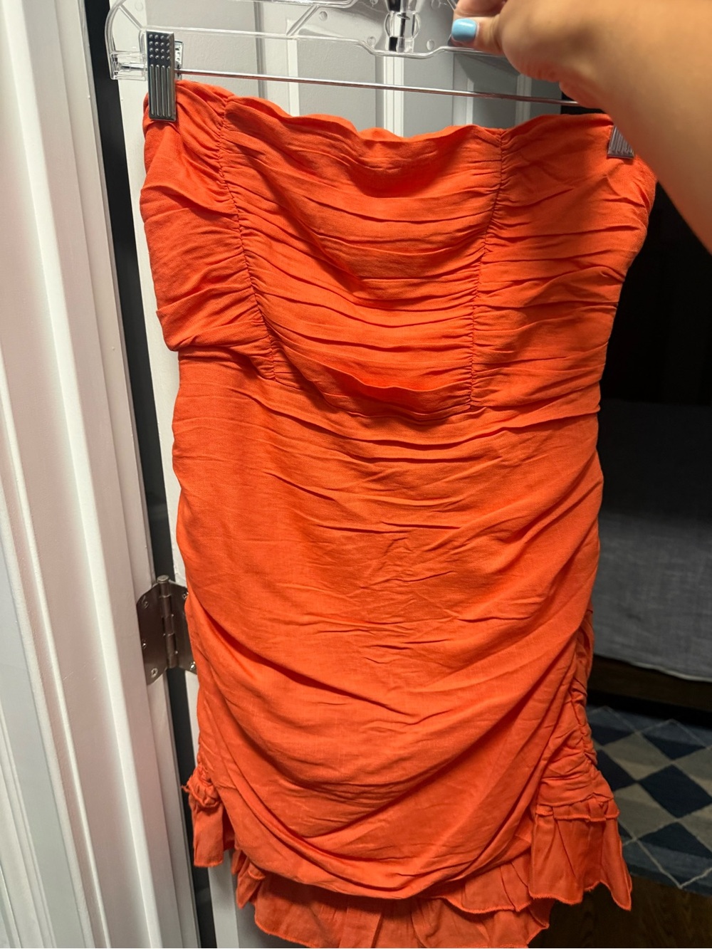 Hello Molly Vibrant Orange Strapless Ruched Mini Dress